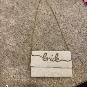 White Beaded Bride Clutch with Gold Chain
